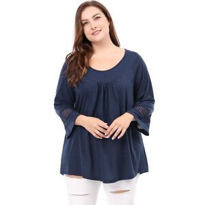 Women's Plus Size Crochet Panel Kimono Raglan Sleeves Tops Blue